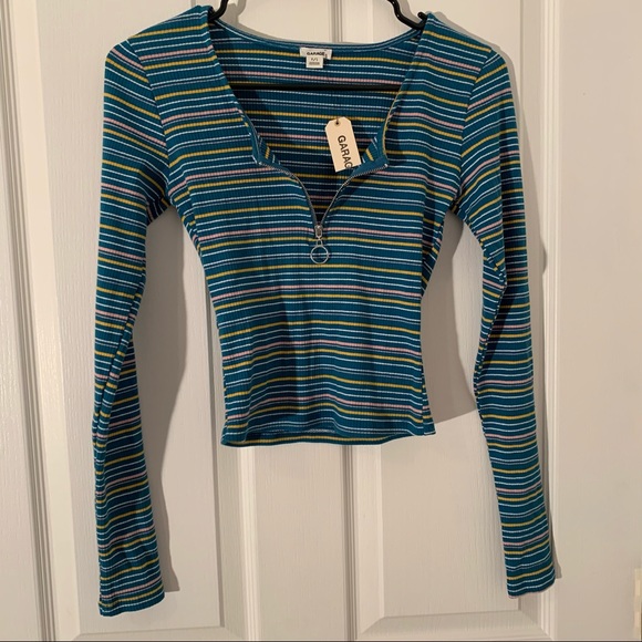Garage blue yellow white striped long sleeve top size S stretchy zipper front - Picture 3 of 5